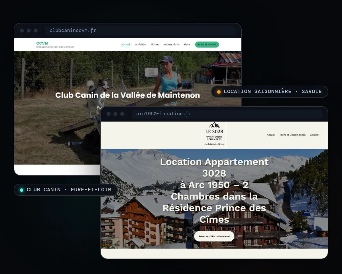 Deux sites français réalisés par AppBelgium : clubcaninccvm.fr en Eure-et-Loir et arc1950-location.fr en Savoie