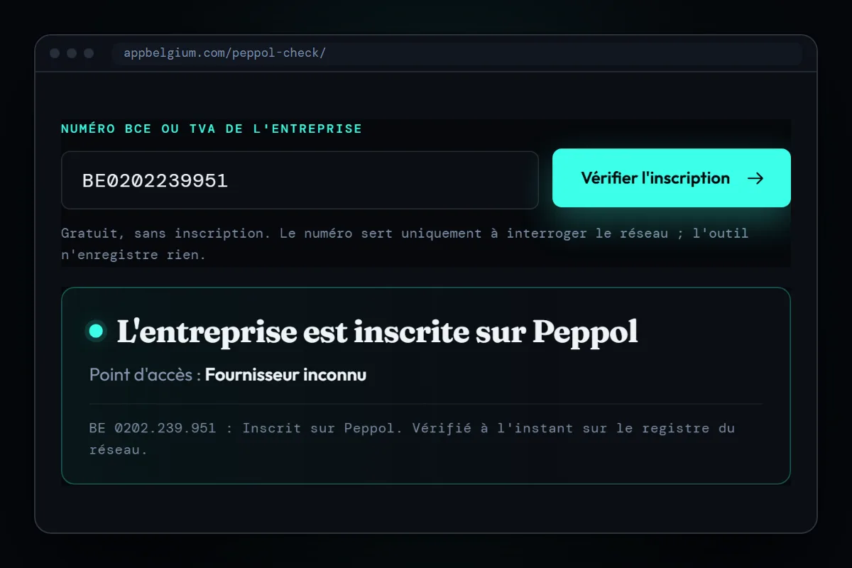 Capture de Peppol Check : le numéro BE 0202.239.951 vérifié en direct sur le registre, entreprise inscrite sur Peppol