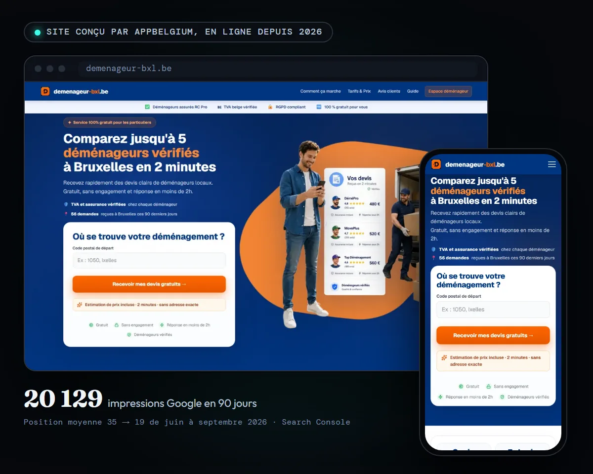 Le site demenageur-bxl.be conçu par AppBelgium, en version ordinateur et mobile : 20 129 impressions Google en 90 jours