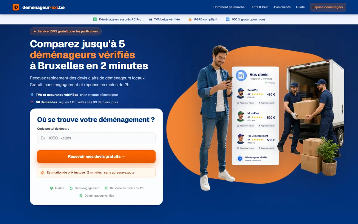 Page d'accueil du site demenageur-bxl.be, comparateur de devis de déménagement