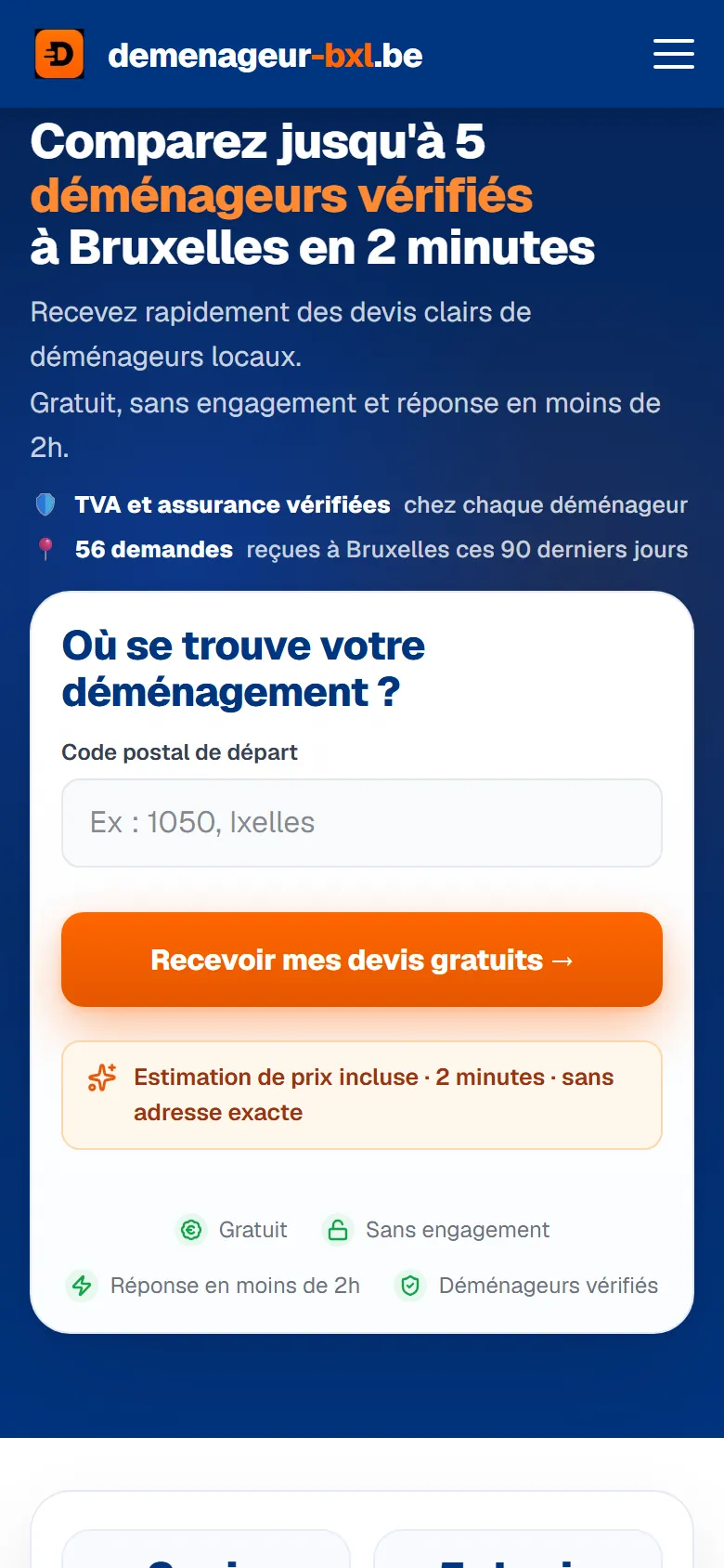 Version mobile du site demenageur-bxl.be, créé par AppBelgium