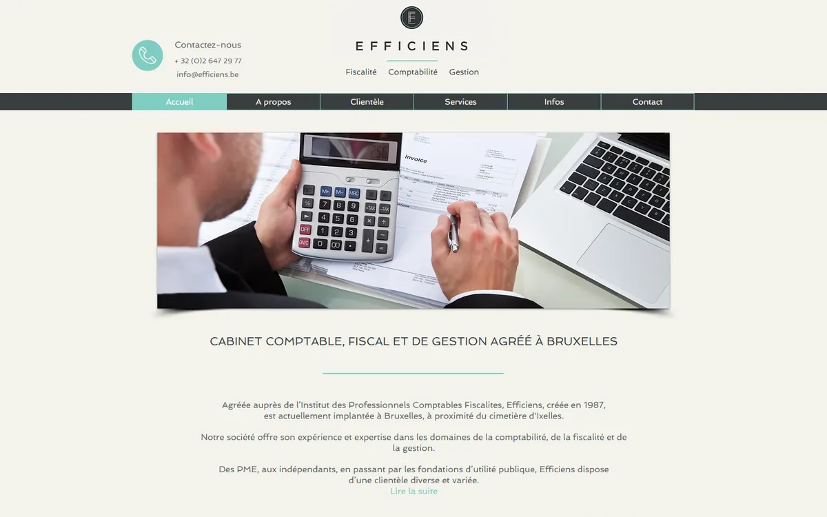 Page d'accueil du site efficiens.be, cabinet comptable à Bruxelles