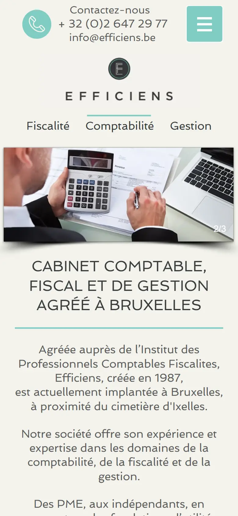 Version mobile du site efficiens.be, cabinet comptable à Bruxelles